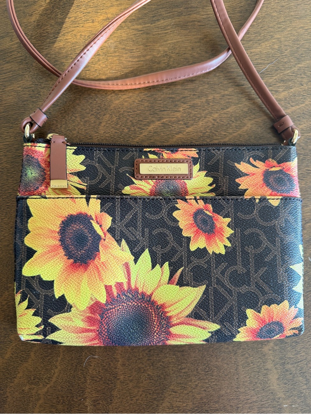 Calvin Klein Brown Monogram Crossbody with Yellow Sunflower Print
